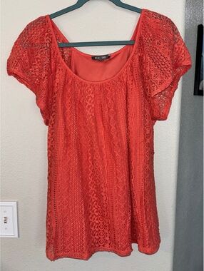 Roz & Ali Coral Pink Lace Overlay Flutter Sleeve Blouse Plus Size 1X Lined